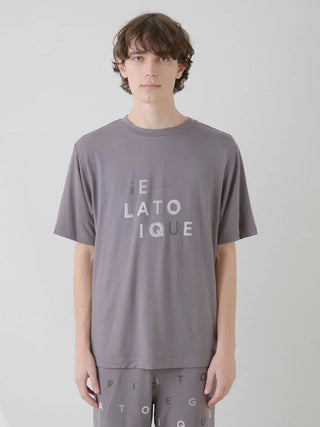 Model wearing Gelato Pique USA rayon logo motif men's T-shirt, premium loungewear and sleepwear with soft touch and calm color.