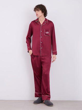 Men's burgundy piping satin pajama pants and shirt set with white piping detail, ideal for luxurious nightwear.