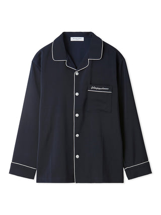 Alt Tag: Black men's satin shirt with white piping and chest pocket, button-down design by Gelato Pique, perfect for luxurious loungewear.