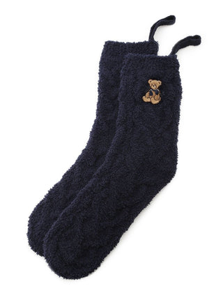 Motif Embroidered Fuzzy Socks in navy, Women's Lounge Room Slippers, Bedroom Slippers, Indoor Slippers at Gelato Pique USA.