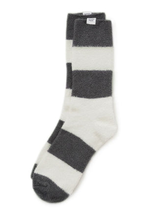 Smoothie 2-Border Fuzzy Socks with gray and white stripes, ultra-soft and cozy, perfect for lounging and keeping feet warm.