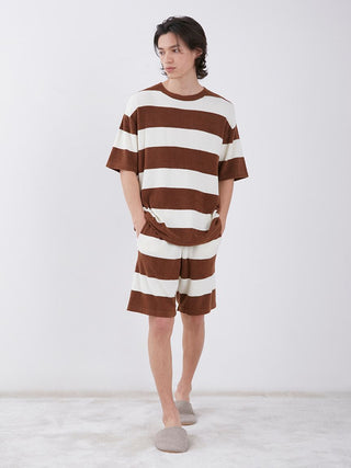 Model wearing Smoothie Light 2-Striped Loungewear Shorts in autumn brown and white stripes, highlighting comfort and style.