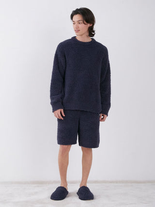 Model wearing Gelato Cozy & Fluffy Lounge Shorts in navy, showcasing luxury comfort and timeless design.