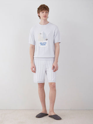 Model wearing COOL MEN'S striped lounge shorts with soft fabric for ultimate comfort and modern style.