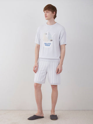 Model wearing COOL MEN'S striped lounge shorts with a casual white t-shirt, perfect for comfortable and stylish everyday lounging.