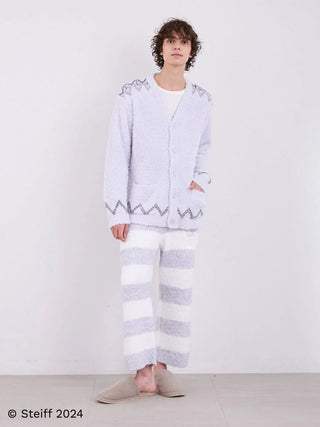 Model wearing Steiff Men's Gelato 2 Border Fuzzy Pajama Pants with grey and white stripes, standing against a plain background.