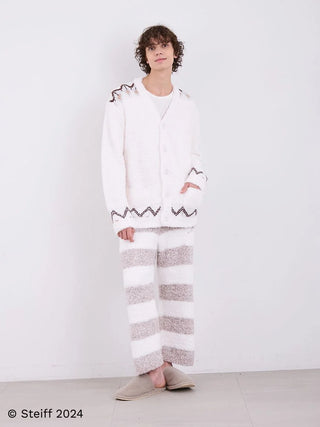 Model wearing Steiff Men's Gelato 2 Border Fuzzy Pajama Pants with wide-striped border pattern in white and gray.