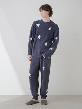 Soft star-patterned lounge pants and top set in a cozy indoor setting.