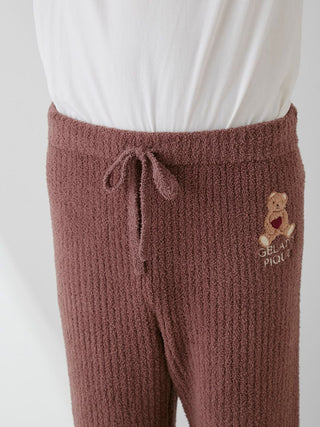 Close-up of men's Babymoco Bear Motif Ribbed Lounge Pants with bear embroidery, drawstring waist in soft Babymoco fabric.