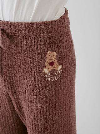 Babymoco Bear Motif Ribbed Lounge Pants in brown, featuring a cute bear design from Gelato Pique USA, made from ultra-soft fabric.