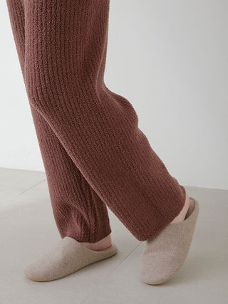 MENS Babymoco Bear Motif Ribbed Lounge Pants in soft fabric, shown with cozy slippers, ideal for stylish and comfortable relaxing.