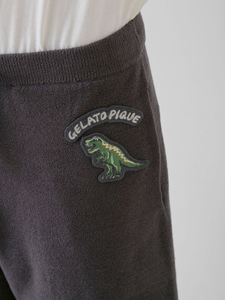 Close-up of Gelato Pique USA Air Moco Dinosaur Jacquard Lounge Shorts with dinosaur patch, showcasing premium loungewear detail.