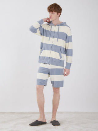 Model wearing Smoothie Lite 2 Border Loungewear Hoodie with geometric stripe pattern for comfort and style.
