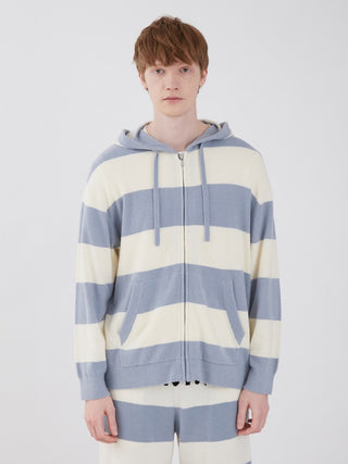 Person wearing Smoothie Lite 2 Stripe Loungewear Hoodie with a geometric border pattern, showcasing comfort and style.