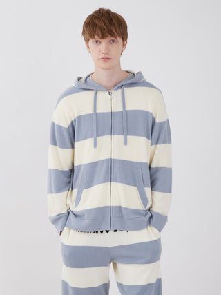 Person wearing Smoothie Lite 2 Border Loungewear Hoodie with geometric stripe pattern, designed for comfort and style.