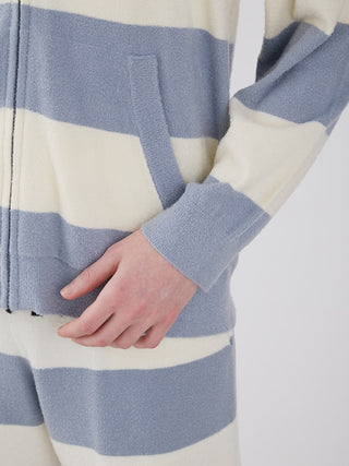 Close-up of Smoothie Lite 2 Border Loungewear Hoodie showcasing blue and white stripe design with a zipper detail.