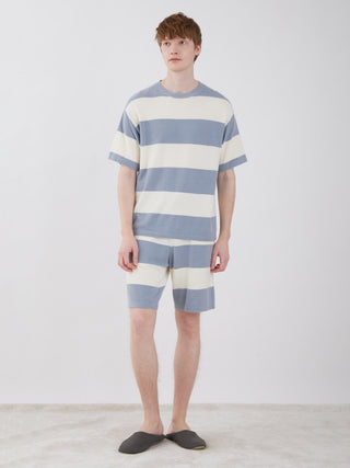 Man wearing Smoothie Lite 2 Border Men's Short Sleeve Sweatshirt in blue and white stripes, showcasing premium comfort and lightweight style.