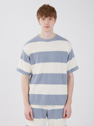 Smoothie Lite 2 Border Men's Short Sleeve Sweatshirt in light blue and white stripes, perfect for stylish summer lounging.