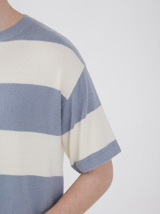 Men's short sleeve sweatshirt in Smoothie Lite material with blue and white borders, offering premium comfort for summer lounging.