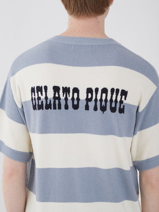 Back view of a Smoothie Lite 2 Border men's short sleeve sweatshirt with blue and white stripes and 'Gelato Pique' text.