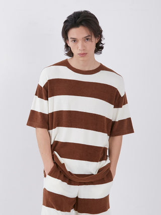 Person wearing Smoothie Light 2-Striped Oversized Lounge Shirt, brown and white, showcasing comfort and style with lightweight fabric.