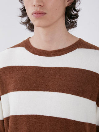 Unisex oversized lounge shirt with brown and white stripes, showcasing smooth fabric texture for stylish comfort.