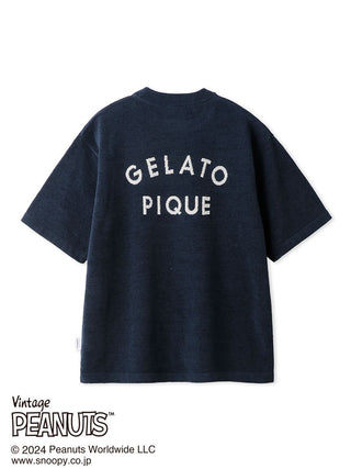 Back view of PEANUTS MENS TENNIS Pullover Top in dark navy with 'Gelato Pique' text, featuring Snoopy and Woodstock embroidery.