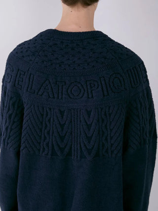 Back view of men's Air Moco Aran pullover sweater in navy, featuring Gelato Pique branding and classic Aran knit detailing.