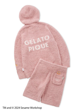 SESAME STREET men's Elmo hoodie and shorts loungewear set in fluffy fabric by Gelato Pique, featuring pink color and logo detailing.