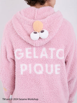 Back view of Sesame Street men's Elmo hoodie with Gelato Pique branding and Elmo face detail, featuring cozy fluffy fabric.
