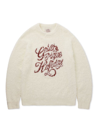 Mens Feather Pullover Sweater with festive script design, made from white feather-soft fabric for luxurious comfort and warmth.