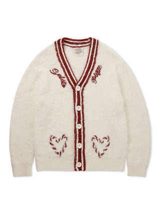 Mens Feather Button Up Cardigan with festive red accents and heart embroidery, featuring a soft feather-textured fabric and button-up design.