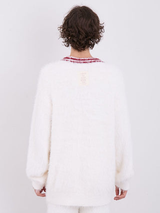 Rear view of a white feather-textured men's button-up cardigan with red details, showcasing cozy and festive design.