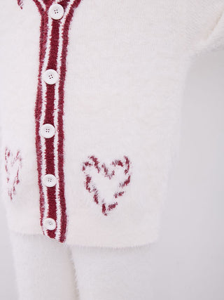 Close-up of a men's feather button-up cardigan with heart patterns and white buttons, featuring a cozy feather-textured fabric.
