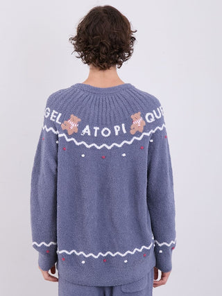 Back view of Men's Nordic Pullover Sweater with teddy bear design and zigzag pattern, showcasing cozy and stylish Gelato Pique fabric.