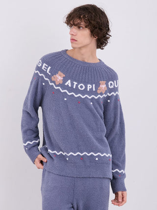 Man wearing Mens Nordic Lounge Set with teddy bear jacquard design, blue color, by Gelato Pique, showcasing soft and cozy fabric.