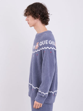 Side view of a man wearing a Gelato Pique Nordic Lounge Set with teddy bear accents and jacquard design, showcasing cozy stylish fabric.