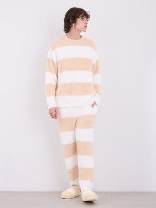 Model wearing Mens Gelato 2 Border Pullover Sweater in beige and white, showcasing cozy and stylish design.