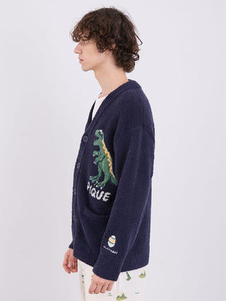Men's navy knit cardigan with dinosaur jacquard design by Gelato Pique, featuring plush fabric for cozy wear.