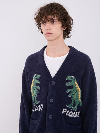 Men's dinosaur jacquard knit cardigan by Gelato Pique, featuring a playful design and soft blue powder fabric.
