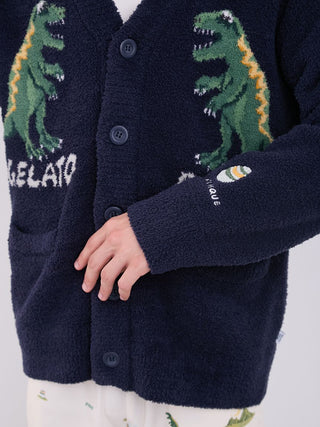 Men's navy dinosaur jacquard knit cardigan by Gelato Pique, featuring playful dinosaur design and plush powder fabric.