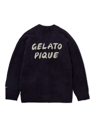 Back view of Gelato Pique men's knit cardigan in black with bold logo text.