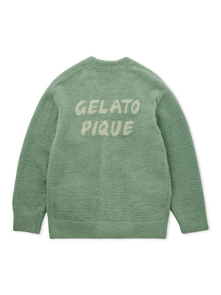 Back view of men's powder dinosaur jacquard knit cardigan with Gelato Pique logo, green color, cozy fashion.