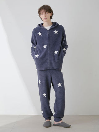 Model wearing Powder Star Jacquard Zip Up Hoodie, cozy loungewear with star pattern and plush fabric for comfort and style.