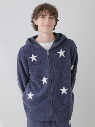 Man wearing Powder Star Jacquard Zip Up Hoodie from Gelato Pique USA, featuring soft star pattern and cozy fabric.
