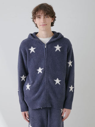 Model wearing Powder Star Jacquard Zip Up Hoodie with star pattern, showcasing cozy and stylish loungewear.