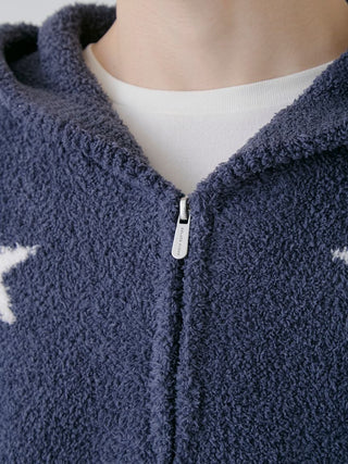 Close-up of Powder Star Jacquard Zip Up Hoodie with star pattern, featuring plush blue fabric and a cozy design.