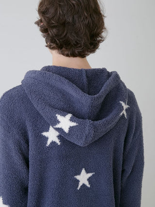 Back view of Powder Star Jacquard Zip Up Hoodie in blue with white star pattern, featuring a cozy hood and soft fabric.