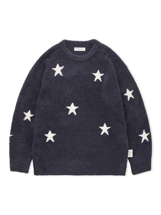 Powder Star Jacquard Pullover Sweater with white star patterns on cozy navy blue knit fabric, ideal for warm loungewear.