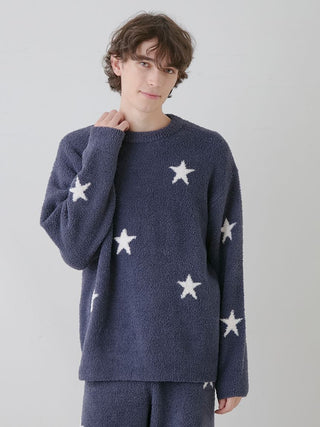 Model wearing Powder Star Jacquard Pullover Sweater, featuring cozy knit fabric and playful star pattern, perfect for loungewear.